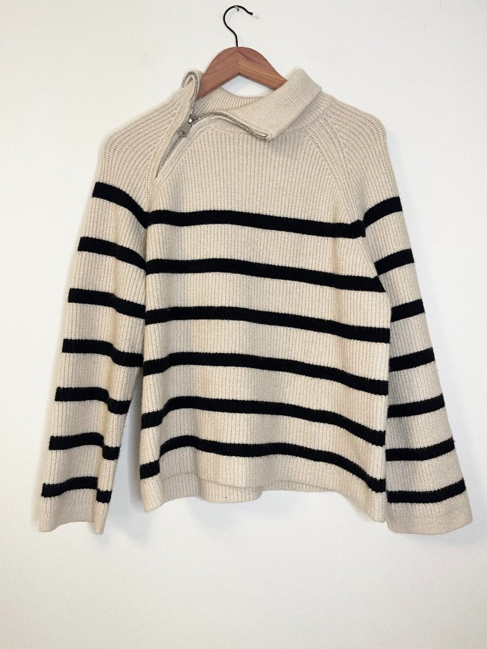 Zara Cream Black Striped Quarter Zip Mock Neck Knit Sweater Size S Minimalist
